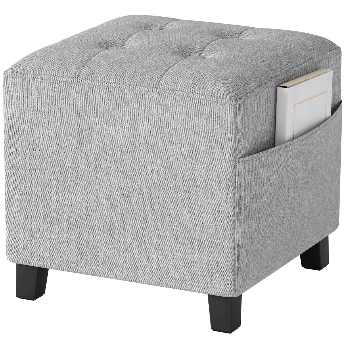 HOMCOM Small Square Ottoman Footstool with Padded Seat & Side Pocket – Footrest, Extra Seating, Light Grey