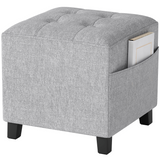 HOMCOM Small Square Ottoman Footstool with Padded Seat & Side Pocket – Footrest, Extra Seating, Light Grey