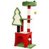 PawHut Christmas Cat Tree, 120cm Tower with Scratching Post, Bed, House and Toys – Festive Green