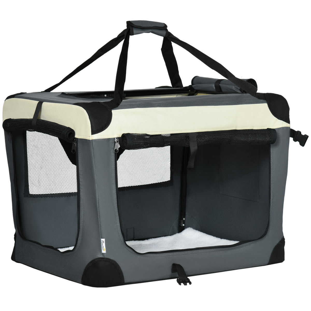 Pawhut 70cm Foldable Pet Carrier with Cushion, 3 Doors & Mesh Windows – For Mini Dogs and Cats, Grey
