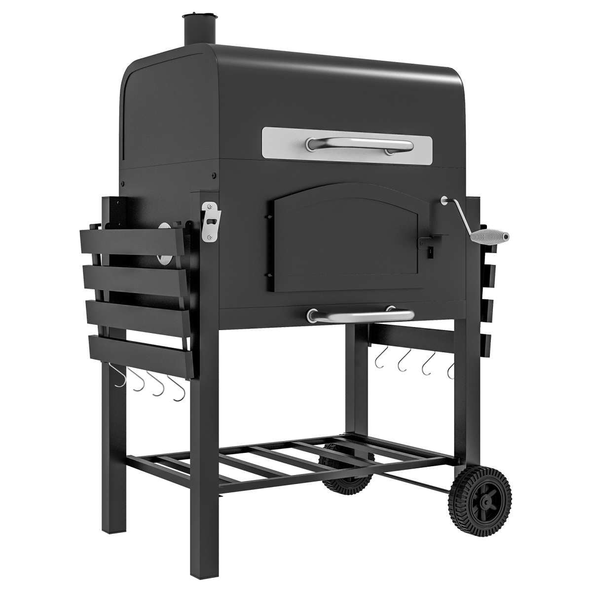 Outsunny 3-in-1 Charcoal BBQ Grill Trolley with Adjustable Charcoal Height & Thermometer – BBQ, Smoker, Stove