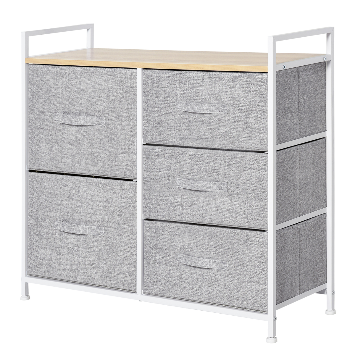 HOMCOM 5 Drawer Fabric Storage Unit with Metal Frame, Wood Top and Adjustable Feet – Bedroom Linen Chest
