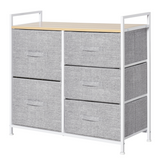 HOMCOM 5 Drawer Fabric Storage Unit with Metal Frame, Wood Top and Adjustable Feet – Bedroom Linen Chest