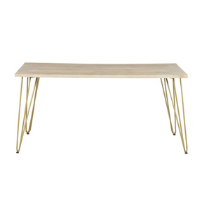 Solid wood dining table with light gold metal inlay