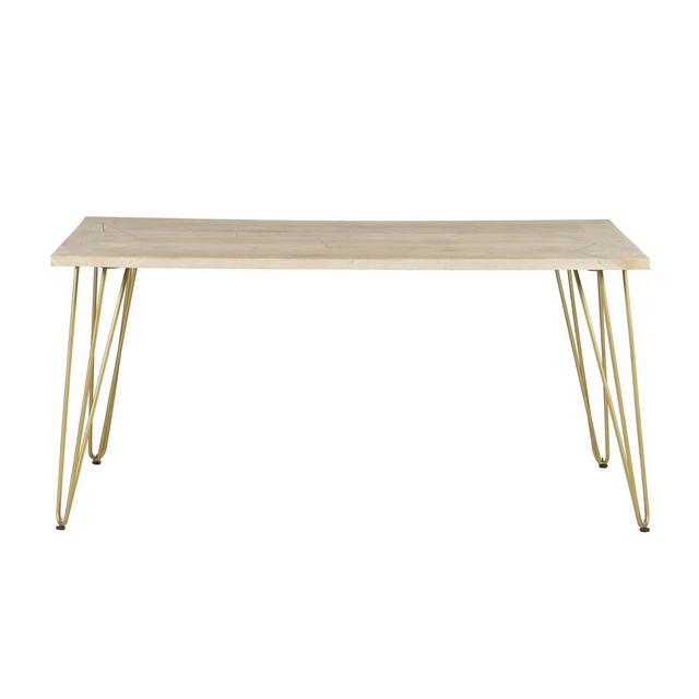 Solid wood dining table with light gold metal inlay