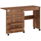 HOMCOM Folding Sewing Table with Storage, Thread Racks & Lockable Casters – Rolling Craft Table, Brown