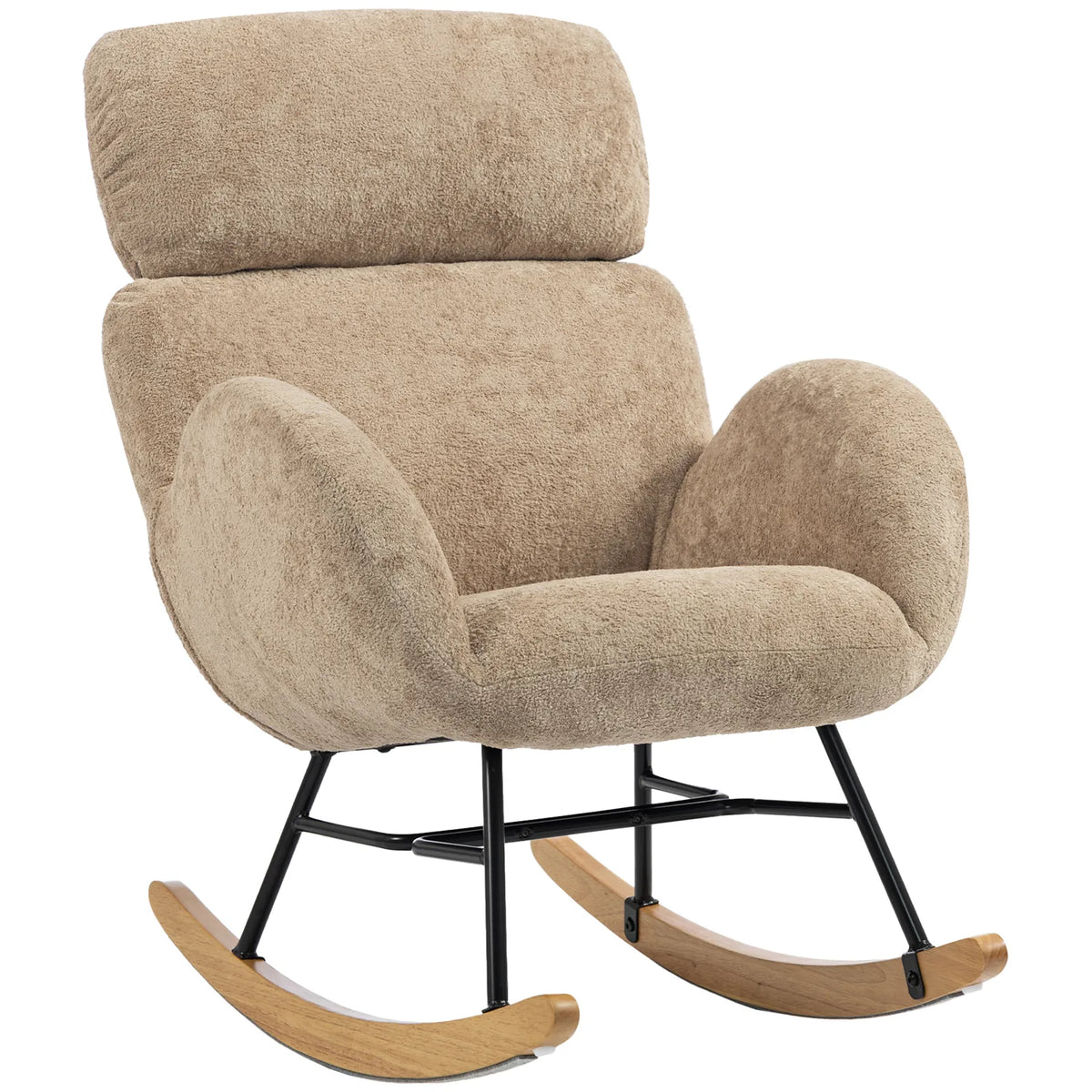 HOMCOM Upholstered Rocking Chair with Adjustable Headrest – Raindrop Velvet, Rubberwood Base, Light Brown