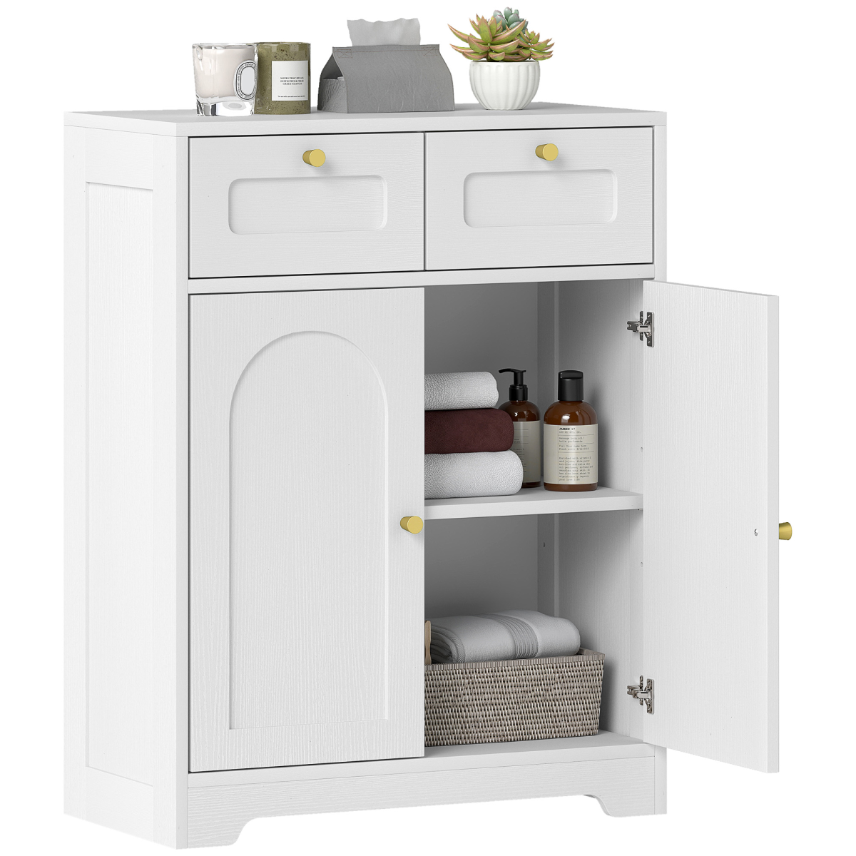 HOMCOM Bathroom Floor Cabinet with 2 Arched Doors, 2 Drawers & Adjustable Shelf – White