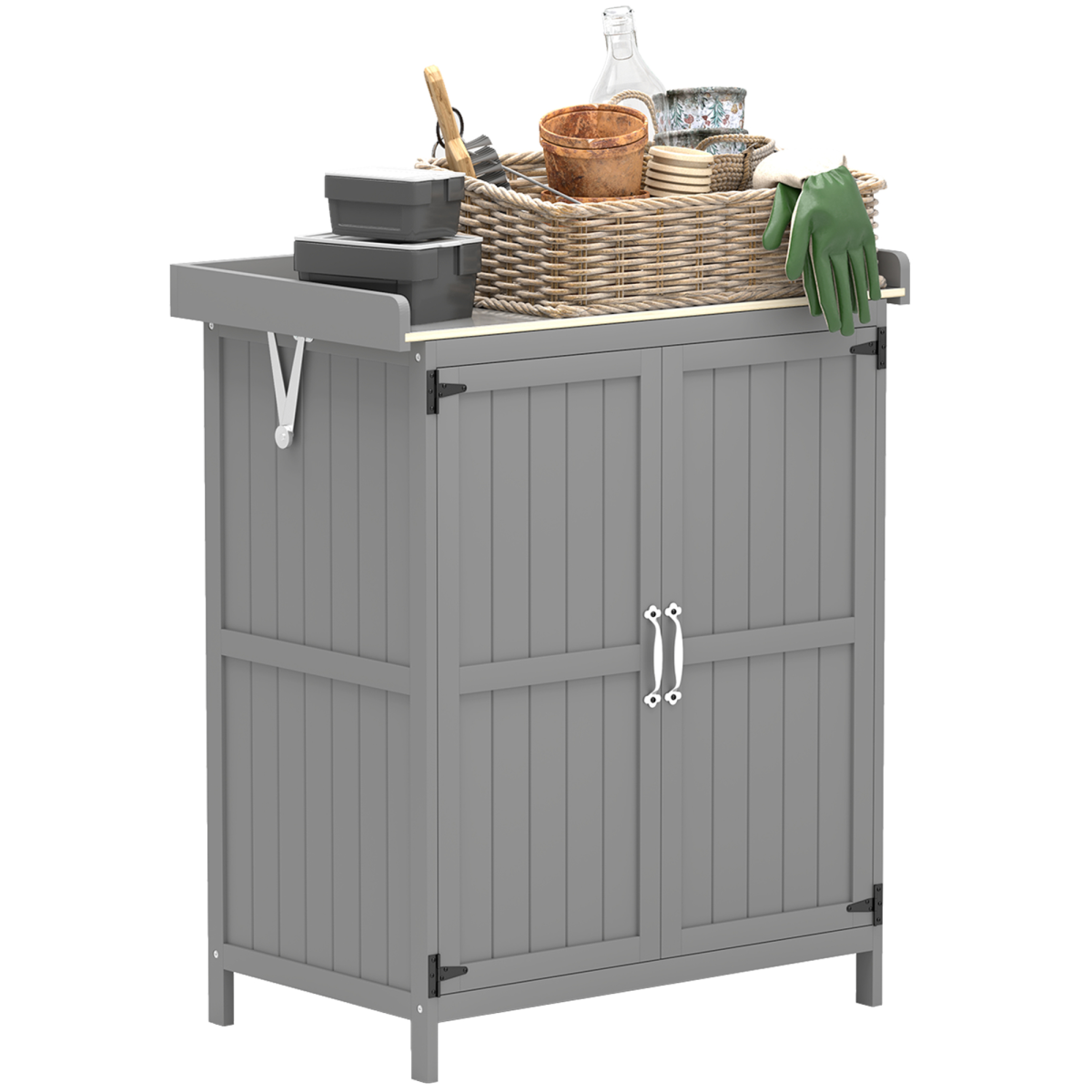 Outsunny Garden Storage Bench with Stainless Steel Worktop, Double Doors & Inner Shelves – Grey Fir Wood Cabinet