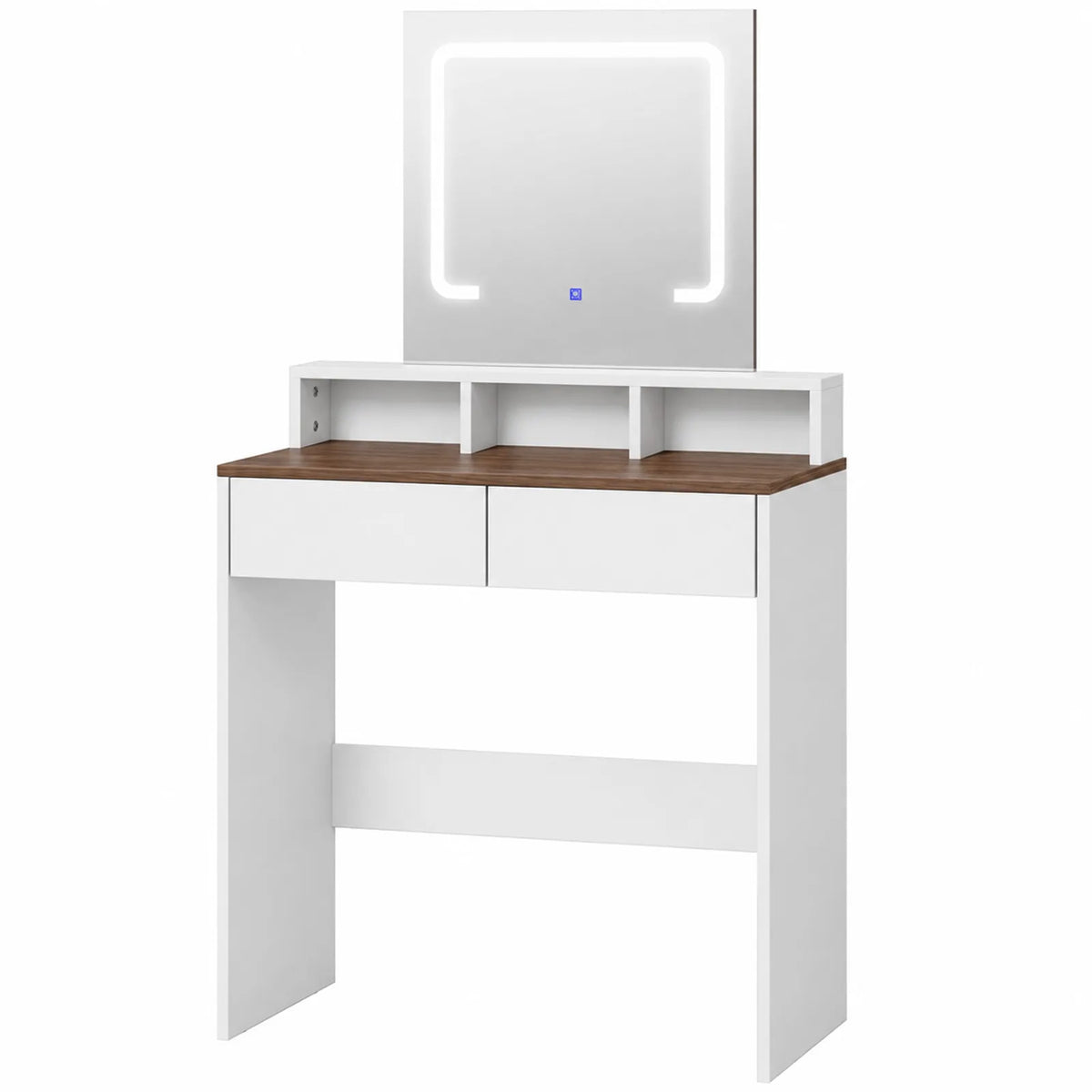 HOMCOM Dressing Table with LED Mirror, 2 Drawers & 3 Compartments – 3 Colour Lighting Makeup Vanity, Walnut