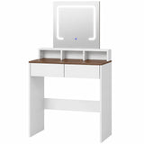 HOMCOM Dressing Table with LED Mirror, 2 Drawers & 3 Compartments – 3 Colour Lighting Makeup Vanity, Walnut