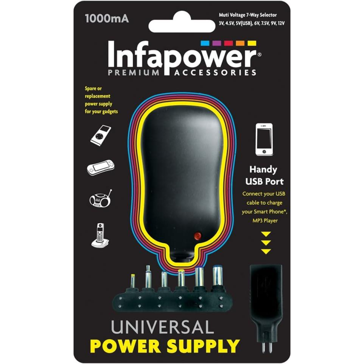 Infapower 1A Universal Mains Adaptor with USB Port – 7-Way Voltage Selector, 100–240V Worldwide Use