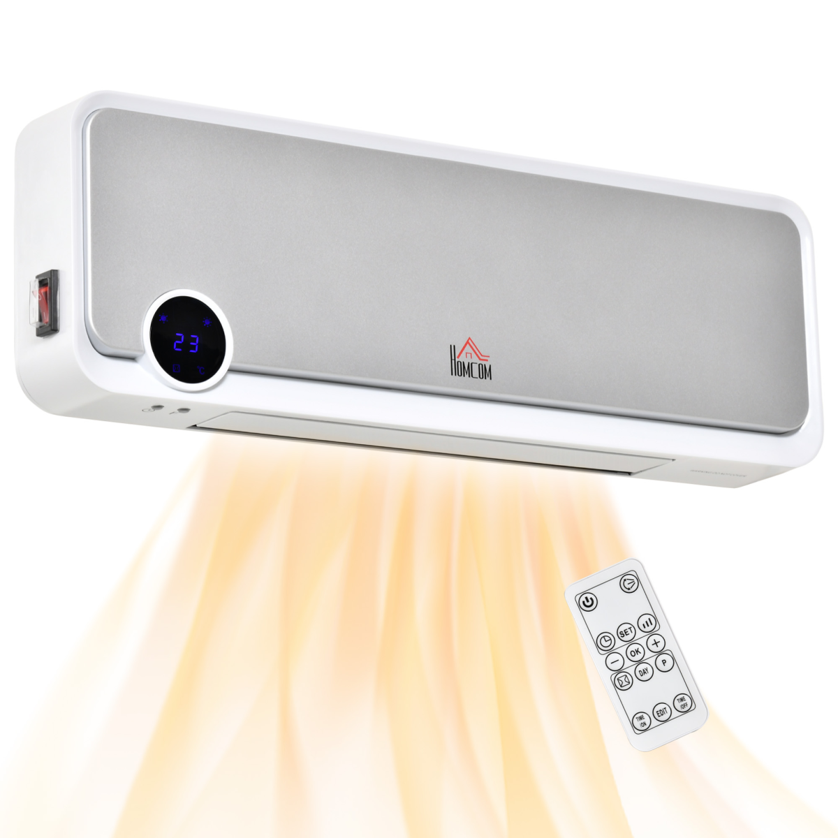 HOMCOM Wall Mounted Downflow Ceramic Heater with 12h Timer, Remote Control and 30° Oscillation – 1000W/2000W