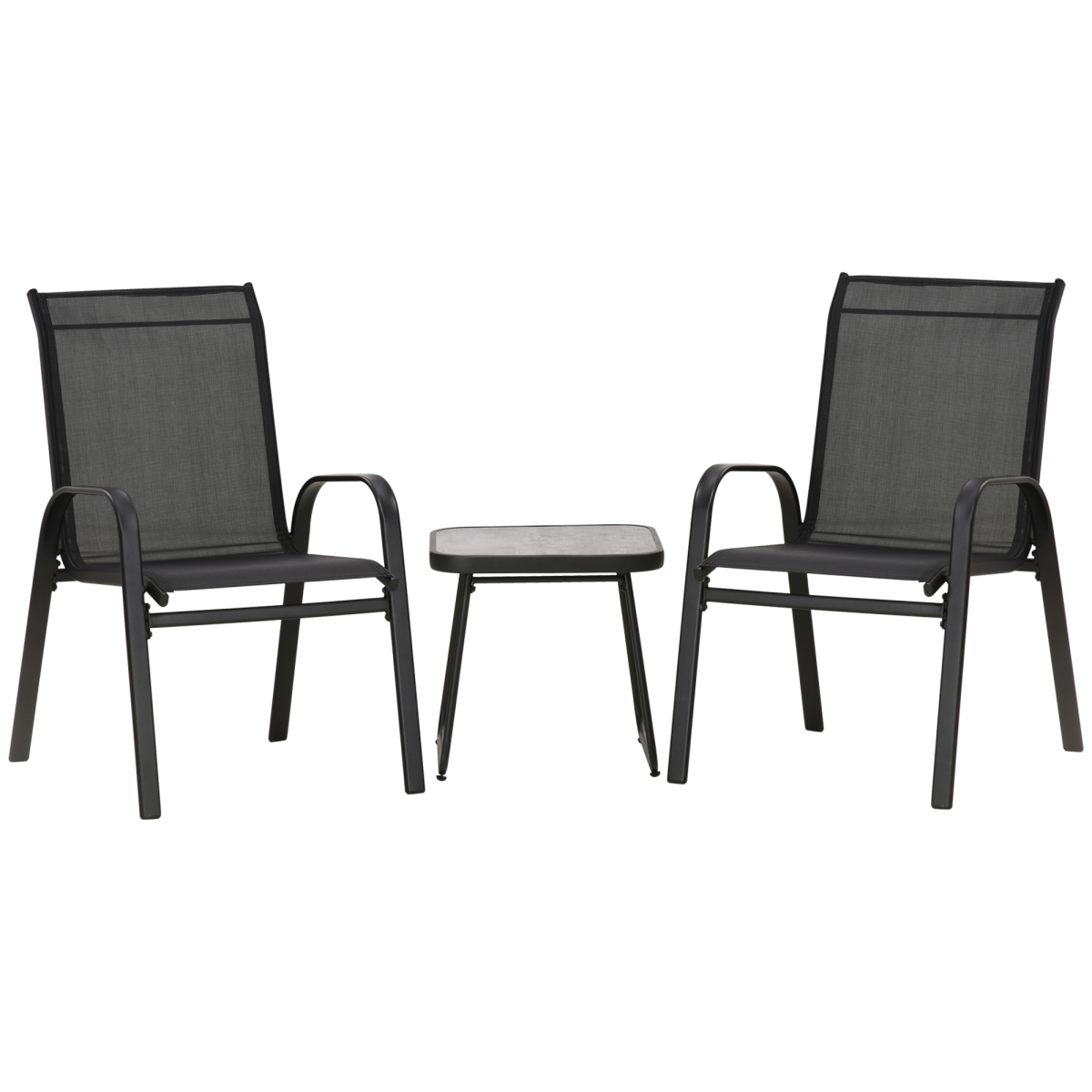 Outsunny 3-Piece Bistro Set with 2 Stackable Mesh Armchairs & Coffee Table – Steel Frame Patio Set, Black
