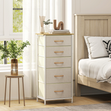 Fabric Chest of Drawers with 5 Foldable Drawers, 4 Side Pockets & Steel Frame – Bedroom Storage Tower