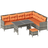 Outsunny 6 Piece Patio Wicker Sofa Set with Footstool and Coffee Table, Rust-Resistant Frame, Orange