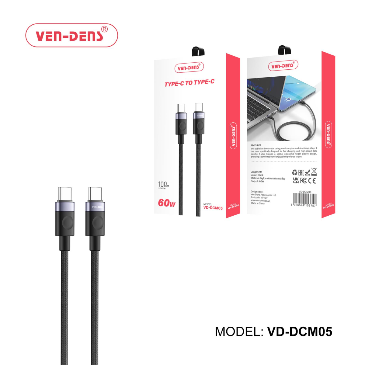 Ven-Dens 60W USB to Type-C Charging Cable – Fast Charging and Data Sync, Anti-Slip TPE