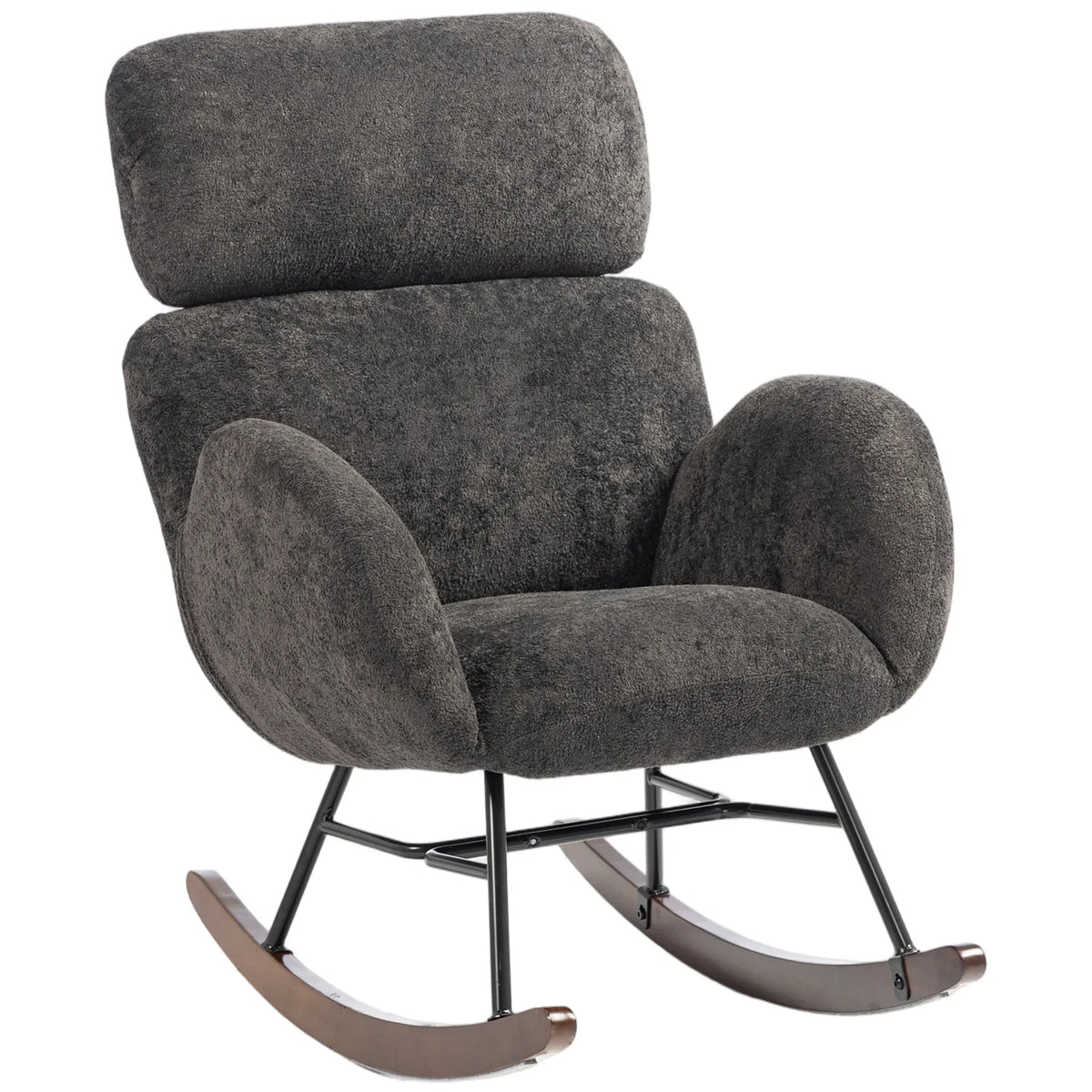 HOMCOM Upholstered Rocking Chair with Adjustable Headrest – Raindrop Velvet Rocker, Rubberwood Legs, Dark Grey