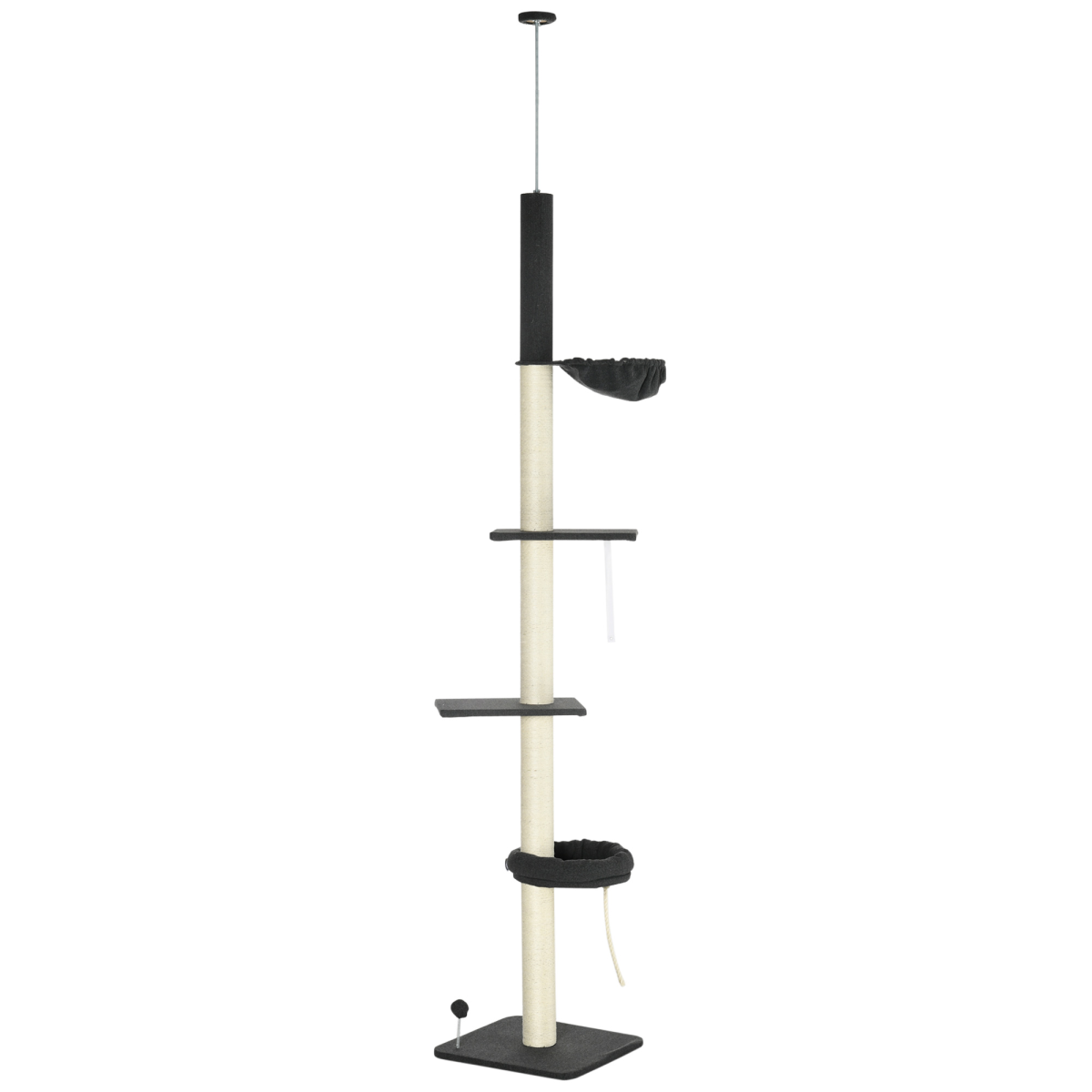 PawHut Floor-to-Ceiling Cat Tree, 240–270 cm Height Adjustable with Bed, Hammock and Sisal Posts, Black