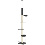 PawHut Floor-to-Ceiling Cat Tree, 240–270 cm Height Adjustable with Bed, Hammock and Sisal Posts, Black