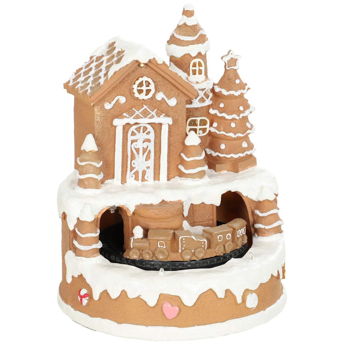 HOMCOM Christmas Gingerbread House with Rotating Train, LEDs & 8 Tunes – Lighted Musical Snow Village