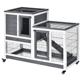 PawHut Wooden Two-Tier Rabbit Hutch with Wheels, Ramp and Slide-Out Trays – Indoor Guinea Pig House