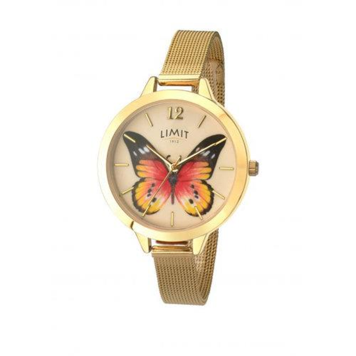 Limit Ladies Butterfly Watch – Gold Milanese Mesh Strap, White Dial, Black Case
