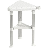 HOMCOM Corner Shower Stool with Storage Shelf, Aluminium Frame and HDPE Seat – Height Adjustable Chair, White