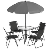 Outsunny 6 Piece Garden Dining Set for 4 with Parasol – Round Glass Table & Folding Mesh Chairs, Black