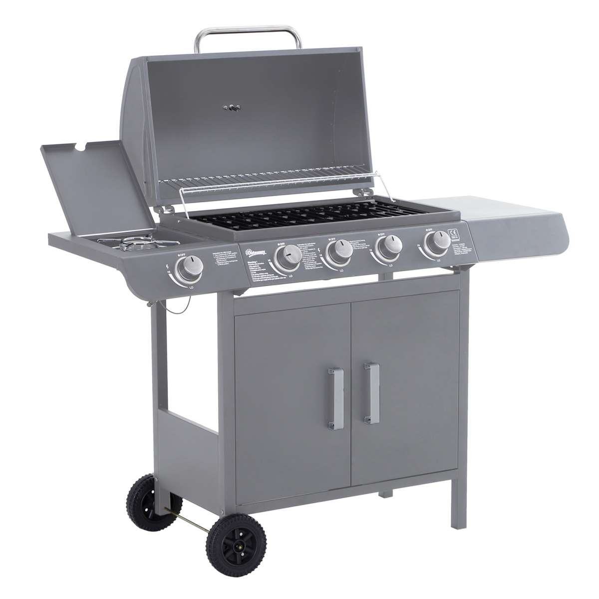 Outsunny 5-Burner Gas BBQ Grill with Stainless Steel Burners, Side Burner & Side Table – Outdoor Cooking, Grey