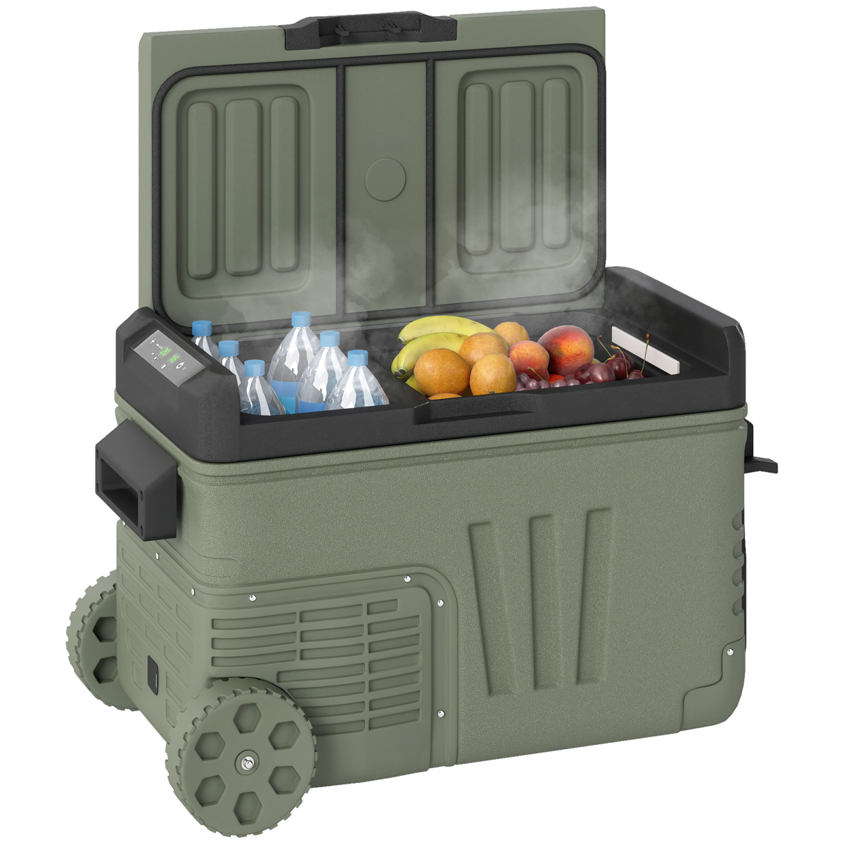 Outsunny 33L Camping Fridge Freezer with Dual Zones, DC & AC Power and LED Panel – Car Fridge, Green