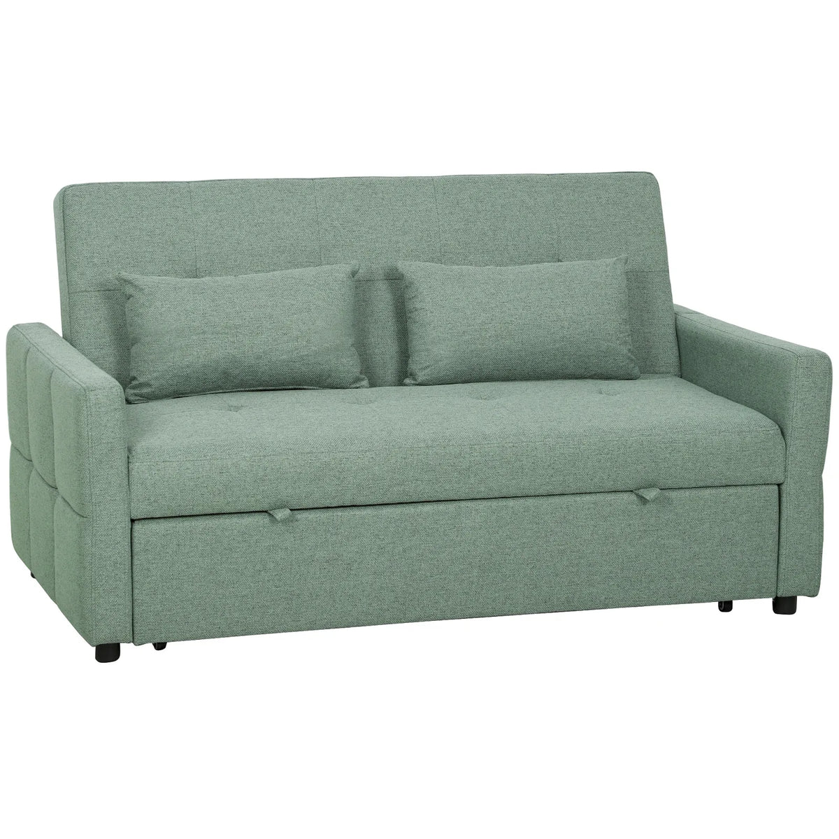 HOMCOM 2 Seater Sofa Bed with Three-Position Back & 2 Pillows – Pull-Out Guest Bed, Green Linen-Look
