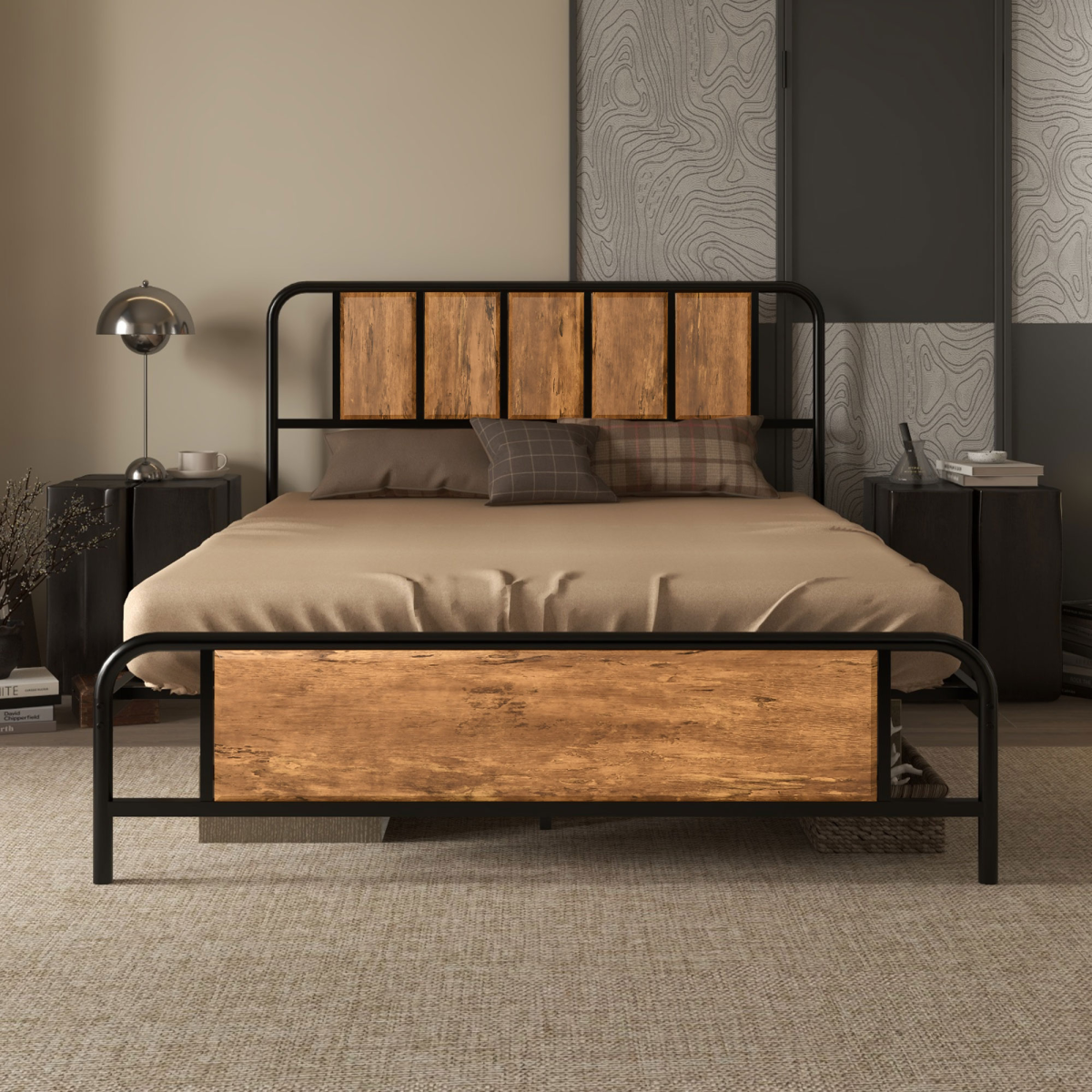 HOMCOM Retro Steel Double Bed Frame with Wood-Effect Headboard & Slatted Base, 145 x 199cm – Brown