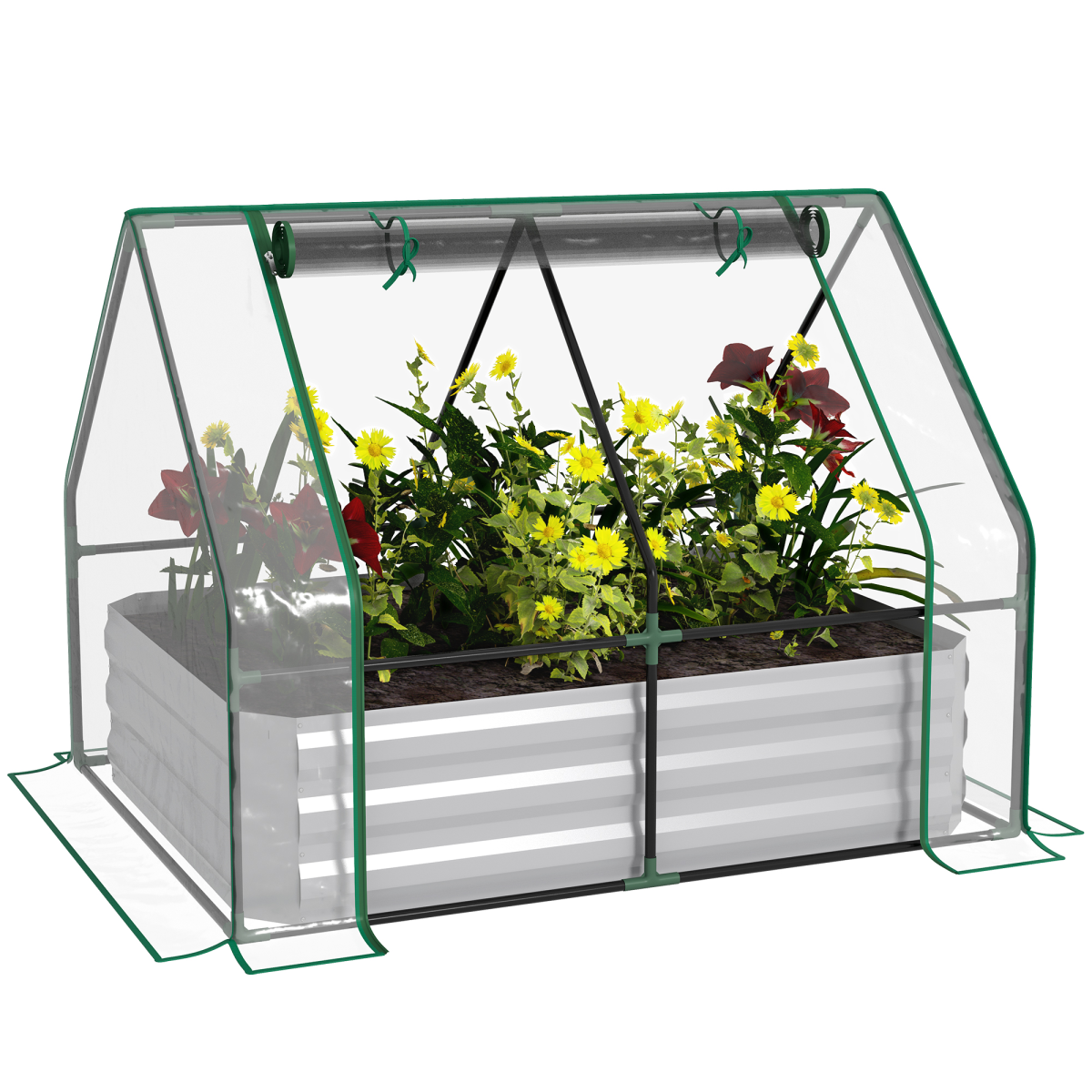 Outsunny Steel Raised Garden Bed with Greenhouse Cover – Dual-Use Planter Box with Roll-Up Window, Clear