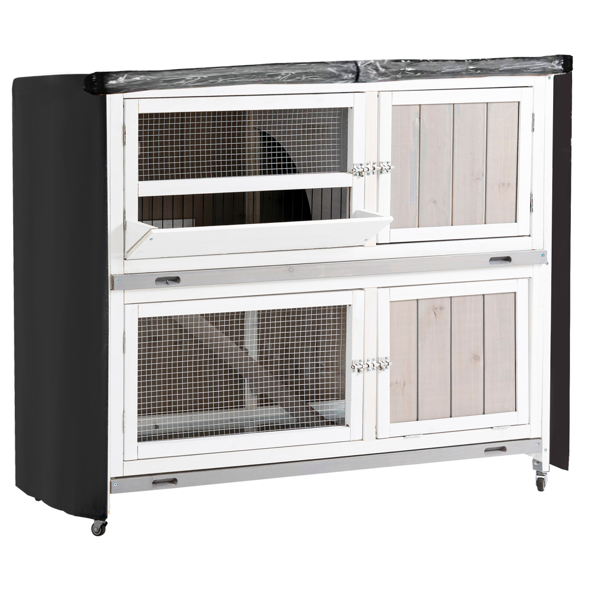 PawHut Two-Tier Wooden Rabbit Hutch with Ramp, Wheels, Trough & Rain Cover – Outdoor Pet House, Grey