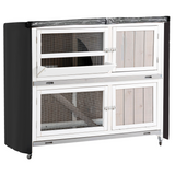 PawHut Two-Tier Wooden Rabbit Hutch with Ramp, Wheels, Trough & Rain Cover – Outdoor Pet House, Grey