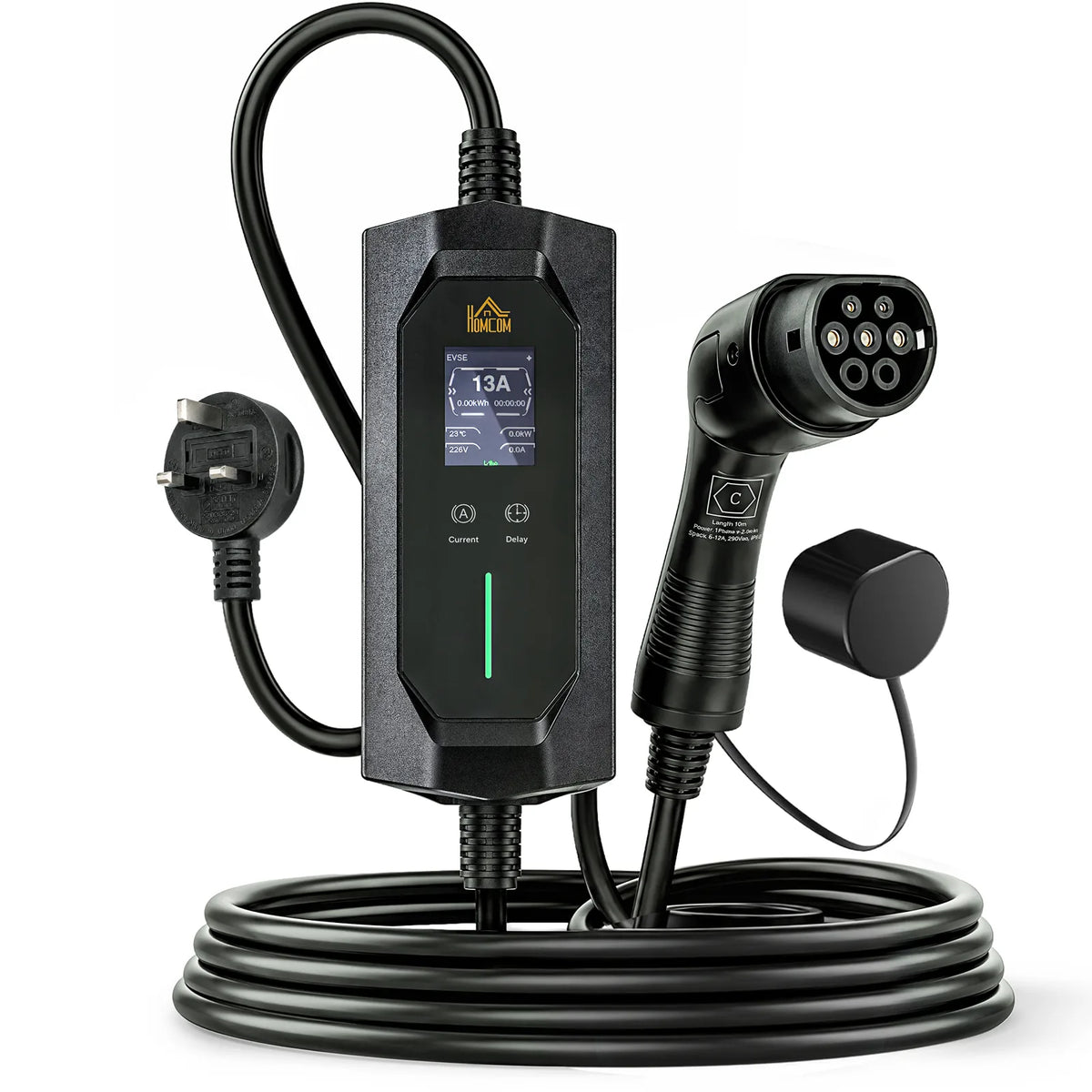 HOMCOM 10 m Type 2 to 3-Pin Plug EV Charger, 2.8 kW, 6-13 A, IP65 Portable Charging Cable with LCD & 1-12 h Timer