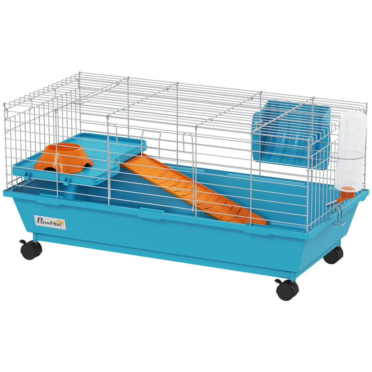 PawHut Small Animal Cage on Wheels with Water Bottle and Ramp – Rabbit and Guinea Pig Hutch, 89cm