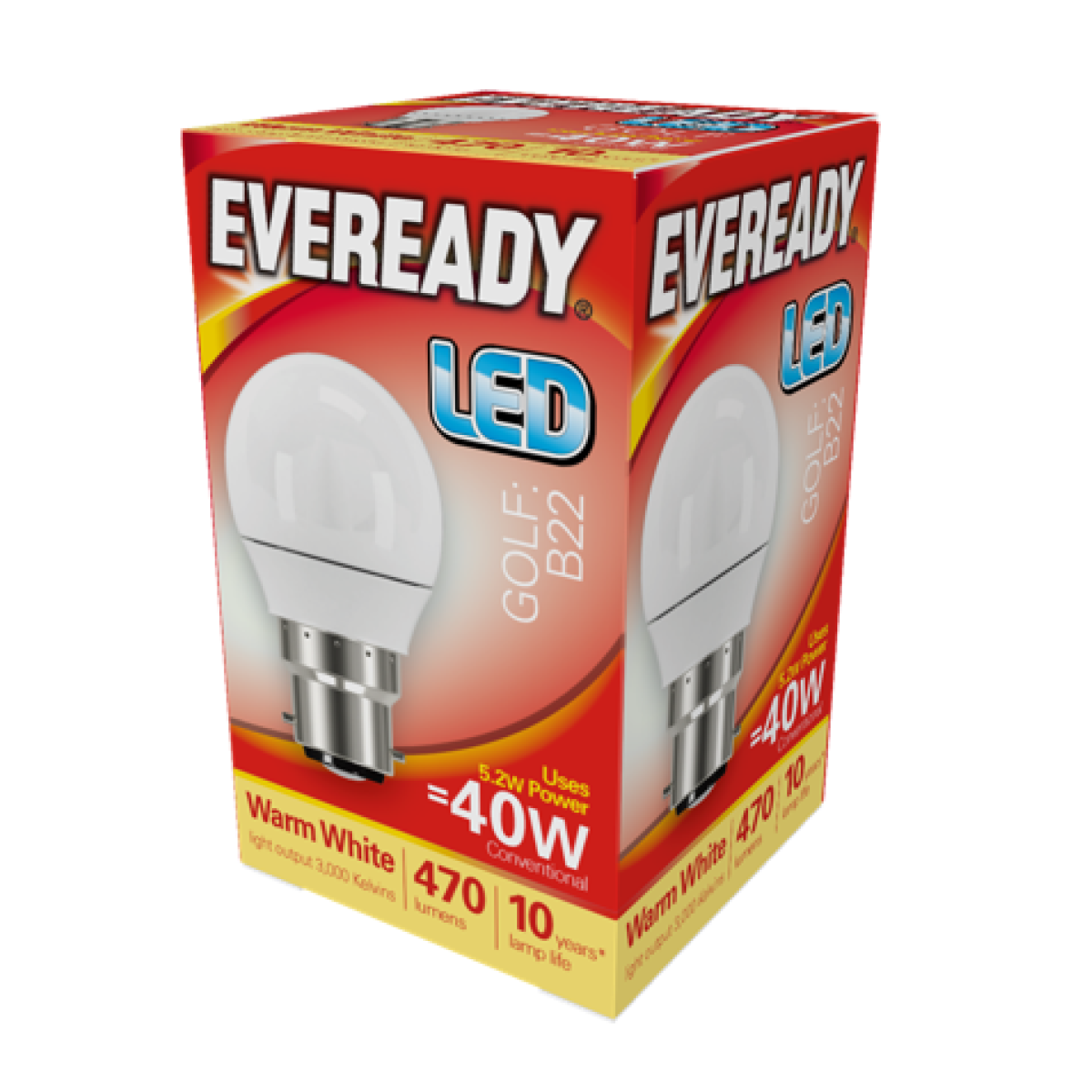 Eveready 4.9W B22 LED Golf Bulbs, 470lm 40W Equivalent – Warm White 3,000K, Pack of 5