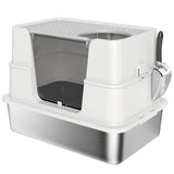 PawHut XL Stainless Steel Litter Box with 100° Flip Top, Scoop & Dual Entry – Odour-Free, Easy-Clean