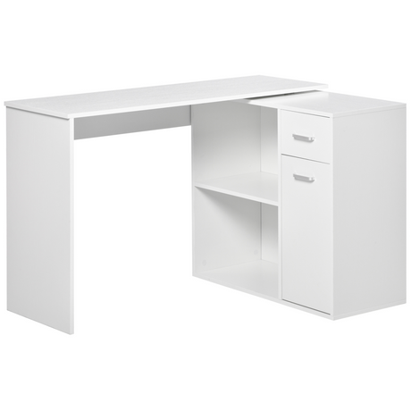 White L-shaped rotating computer desk