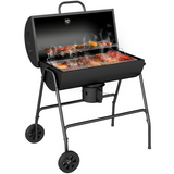 Outsunny Barrel Charcoal BBQ Grill Trolley with Ash Catcher, Thermometer & Warming Rack – Black Steel