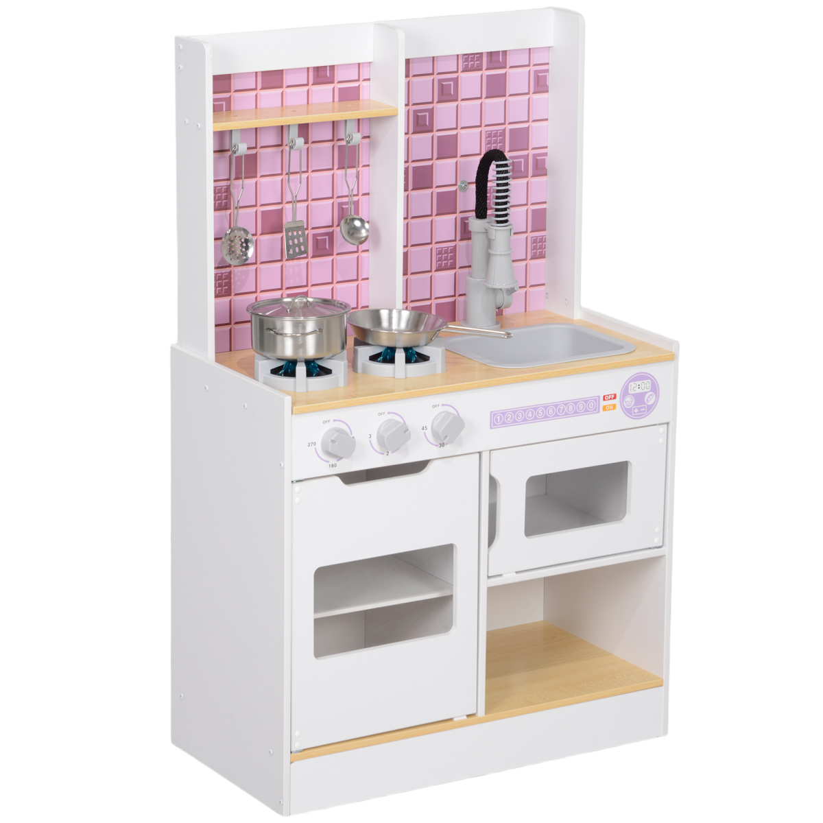 AIYAPLAY Kids Play Kitchen with Light & Sound Stove, Oven, Sink & Storage – Role Play Cooking Set, White