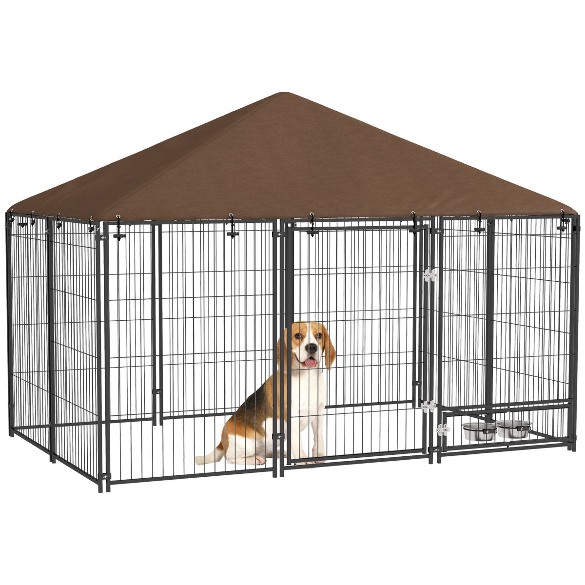PawHut Outdoor Dog House Kennel with Canopy Top, Lockable Door & Rotating Bowl Holder – Black and Brown