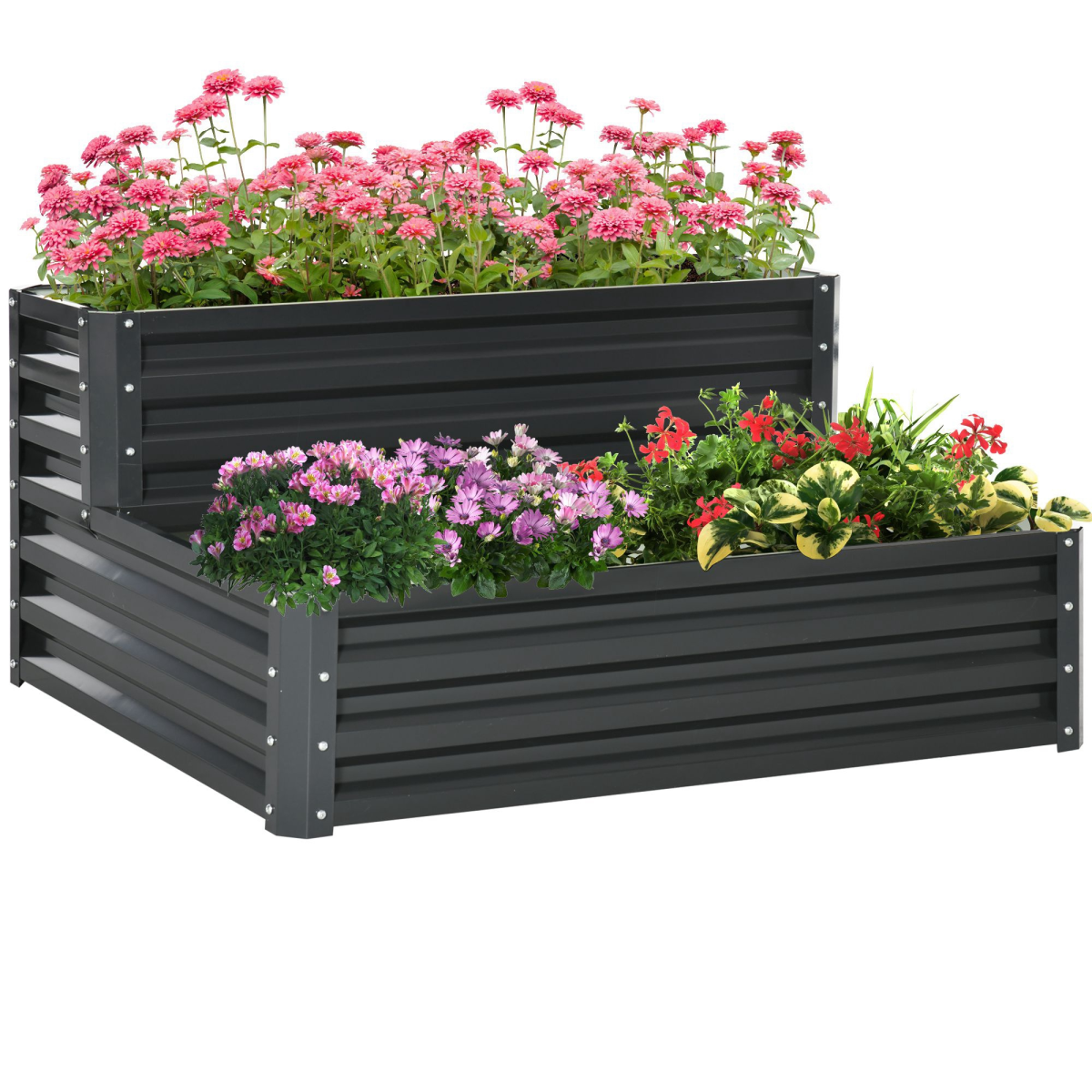 Outsunny 2 Tier Galvanised Steel Raised Garden Bed Planter Box – Open-Bottom Planter for Herbs & Flowers, Dark Grey