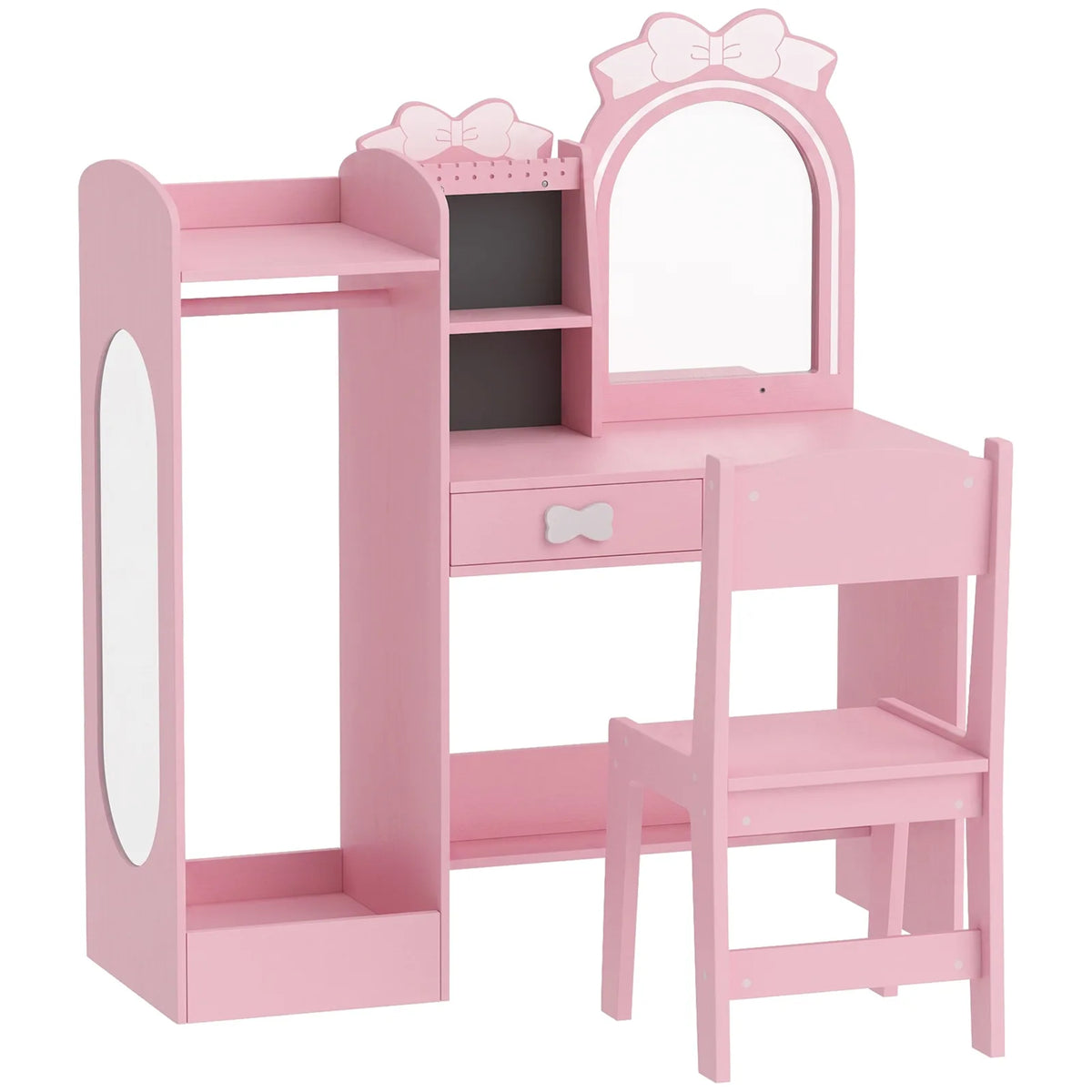 AIYAPLAY 3-in-1 Kids Dressing Table with Stool, Light-Up Mirror and Clothes Rack – Vanity Set Ages 3-8, Pink