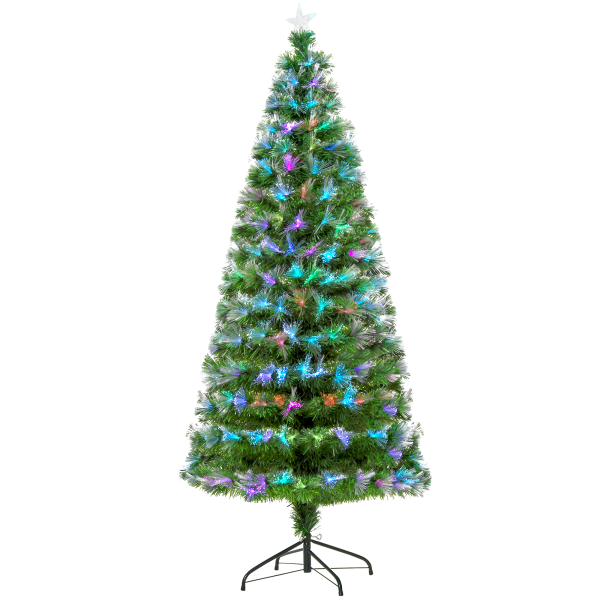 HOMCOM 6ft Multicoloured Artificial Christmas Tree with 230 Fibre Optic LED Lights and Star Holder – Metal Base