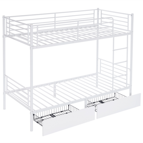 White metal bunk bed with drawers