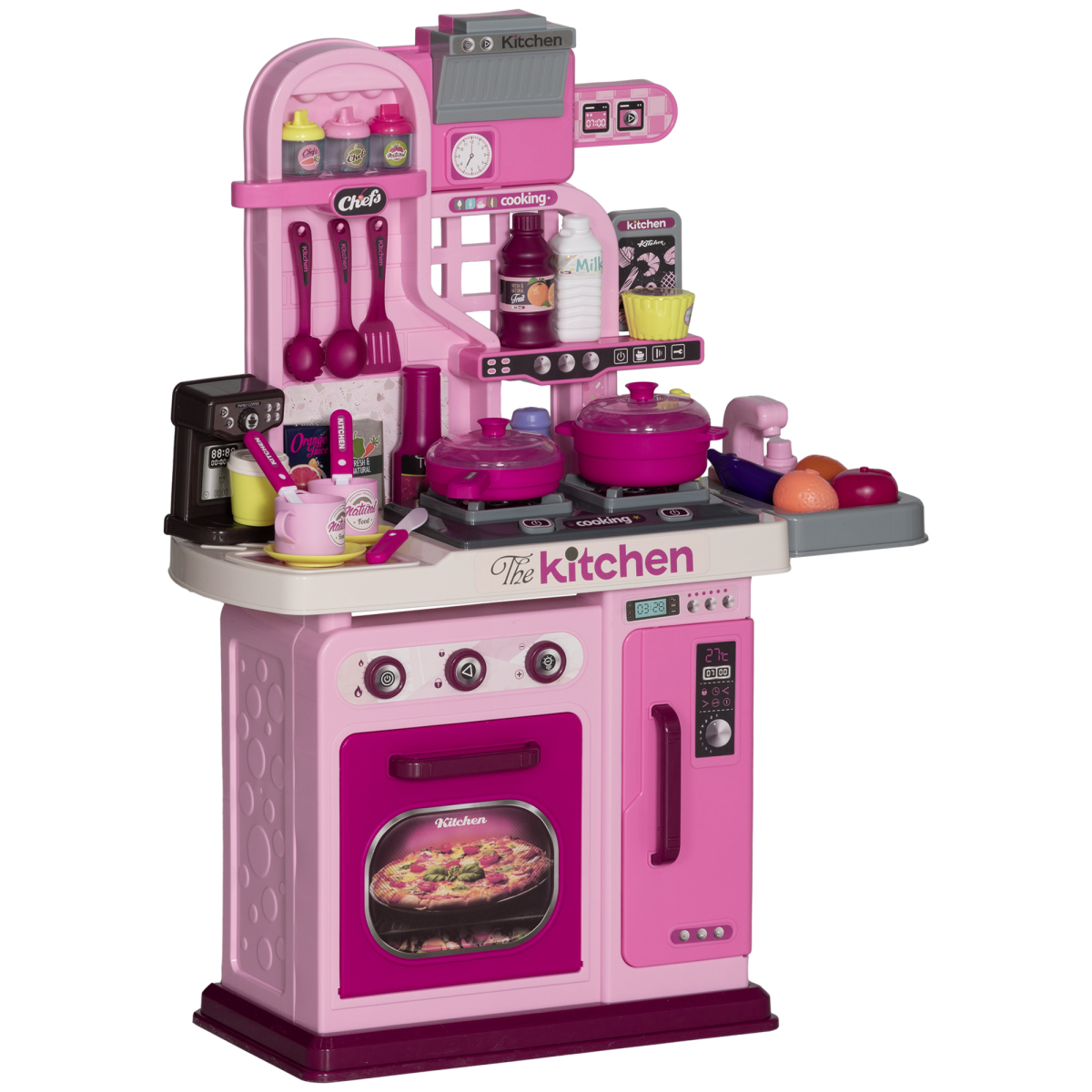 AIYAPLAY Kids Play Kitchen with 33 Accessories, Lights, Sounds and Storage – Pretend Cooking Toy, Pink