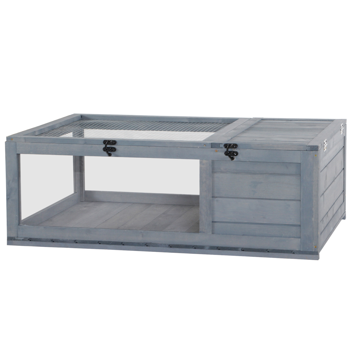 PawHut Wooden Tortoise House with Mesh Roof, Two-Room Reptile Habitat & Pull-Out Run – Grey